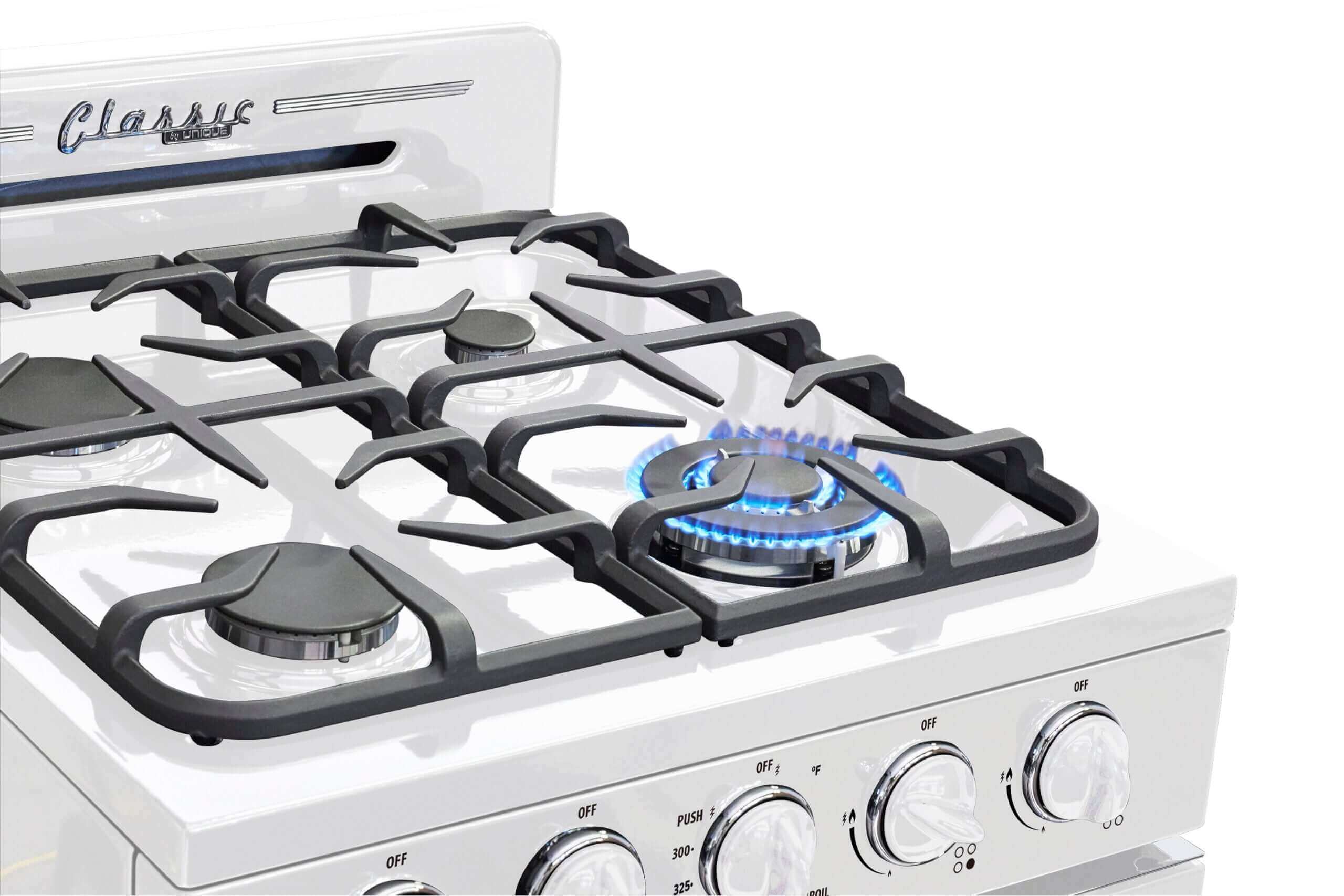 Classic Retro propane range with battery ignition from Cabin Depot, 24-inch white, 1950s design, perfect for remote homes.