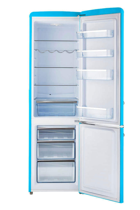 Unique 9 Cu/Ft Bottom Mount Retro Refrigerator with open doors, showing spacious interior shelving, available at Cabin Depot.