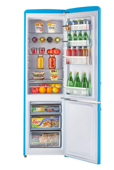 Blue retro bottom mount fridge open with groceries, Unique 9 cu/ft by Cabin Depot, ideal for grid-tied homes, inverter needed for off-grid.