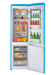 Blue retro bottom mount fridge open with groceries, Unique 9 cu/ft by Cabin Depot, ideal for grid-tied homes, inverter needed for off-grid.