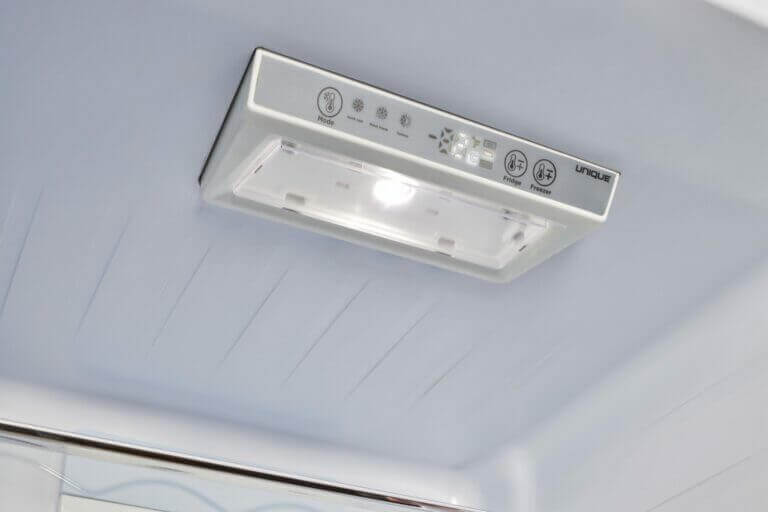 Control panel of the Unique 12 Cu/Ft Prestige Electric Bottom Mount Refrigerator, available at Cabin Depot.