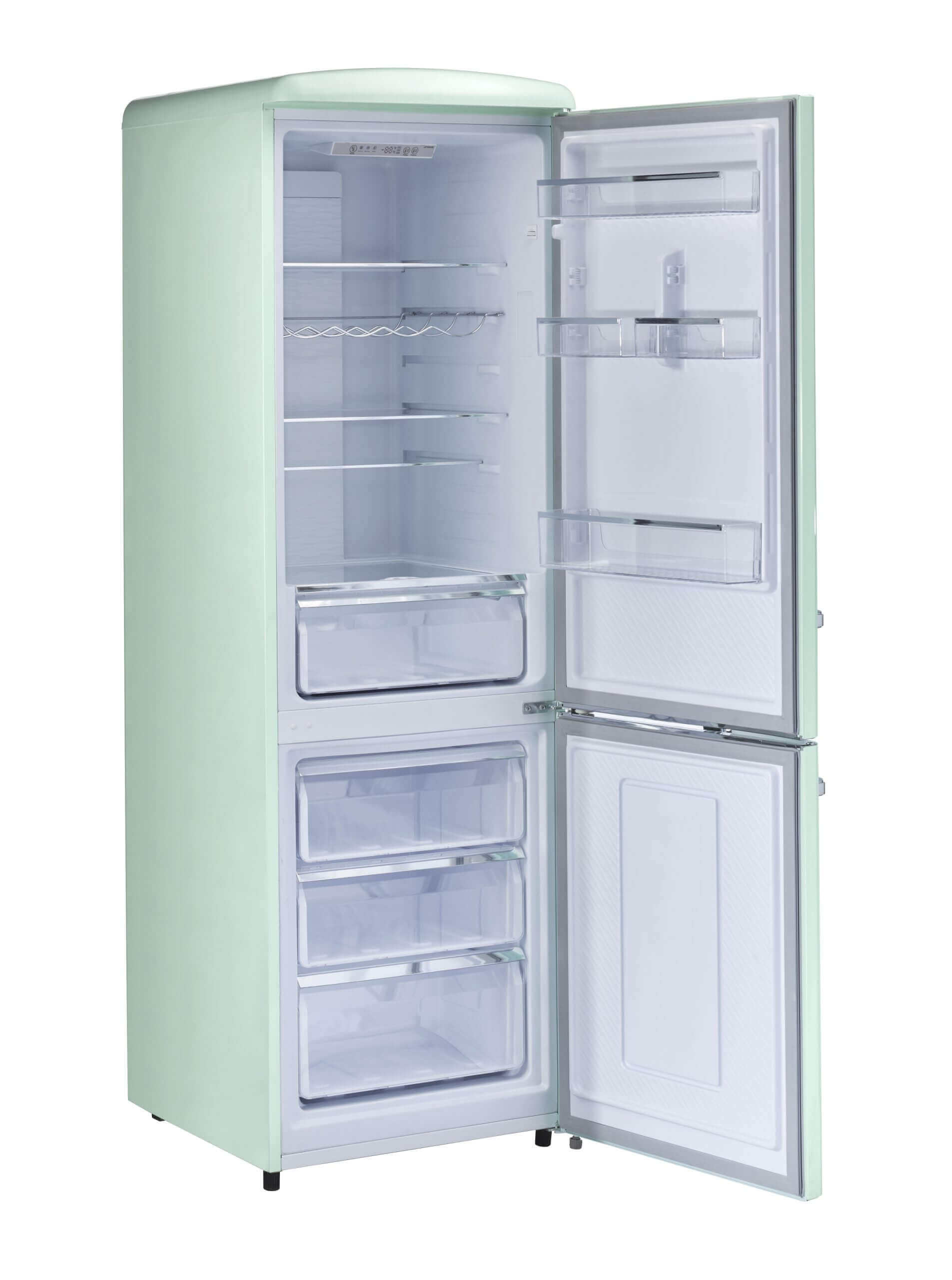 Unique 12 cu. ft. Retro Bottom-Mount AC Refrigerator with open door - Cabin Depot