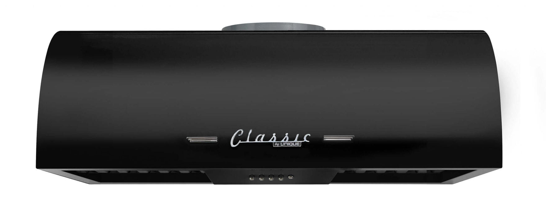 Classic Retro 24-inch range hood in black, featuring 50s design. Available at Cabin Depot. Match with Unique Appliances for vintage kitchens.