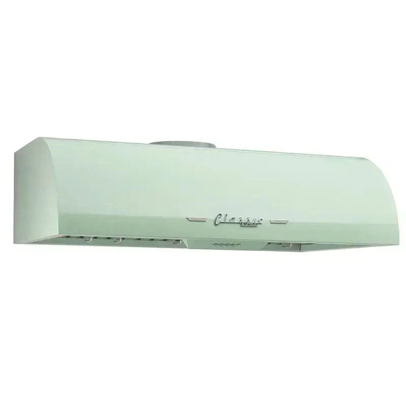 Unique 36" Classic Retro Range Hood with chrome accents, available at Cabin Depot. Iconic 50s style kitchen appliance, mint green finish.
