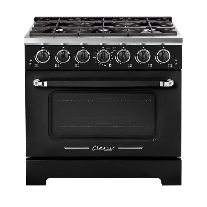 Unique 36" Classic Retro Convection Gas Pro Range, black with chrome accents, available at Cabin Depot, modern kitchen appliance