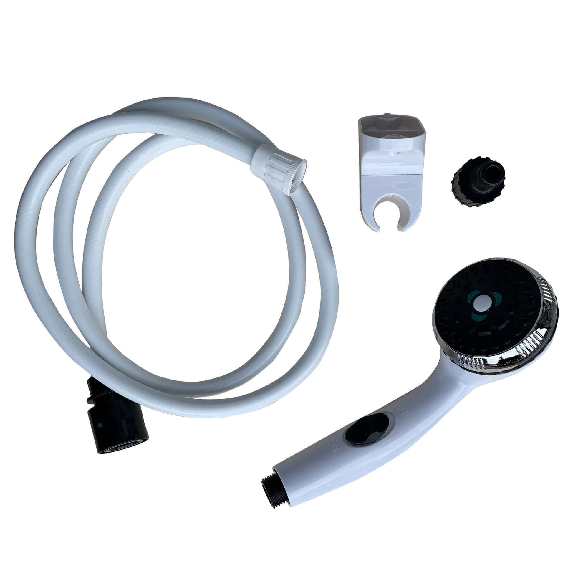 Eccotemp L5 Portable Tankless Water Heater accessories: showerhead, hose, adapter - perfect for camping, cabins. Sold at Cabin Depot.