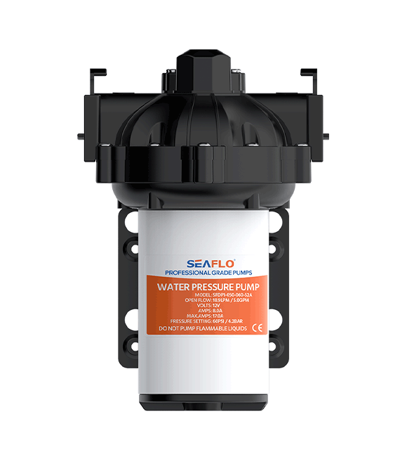 5GPM 12V Diaphragm Pump 60PSI Side View, by Seaflo, sold by Off-Grid Living Solutions Provider, The Cabin Depot Canada/USA