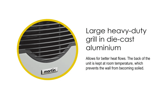 Close-up of Martin 11,000 BTU heater grill in die-cast aluminum, highlighting efficiency and design. Available at Cabin Depot.