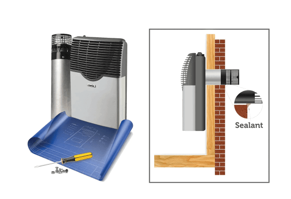 Martin 11,000 BTU natural gas heater installation diagram for Cabin Depot, featuring direct vent and sleek fireplace design.