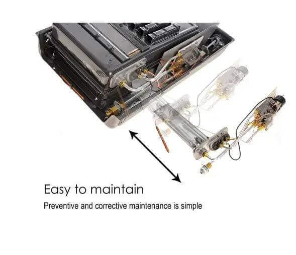Internal view of Martin 20,000 BTU Natural Gas Heater showing easy maintenance design, available at Cabin Depot.