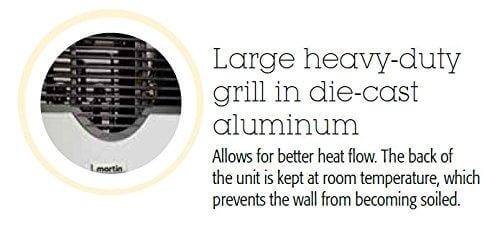 Close-up of Martin natural gas heater's heavy-duty aluminum grill for optimal heat flow and wall protection, available at Cabin Depot.