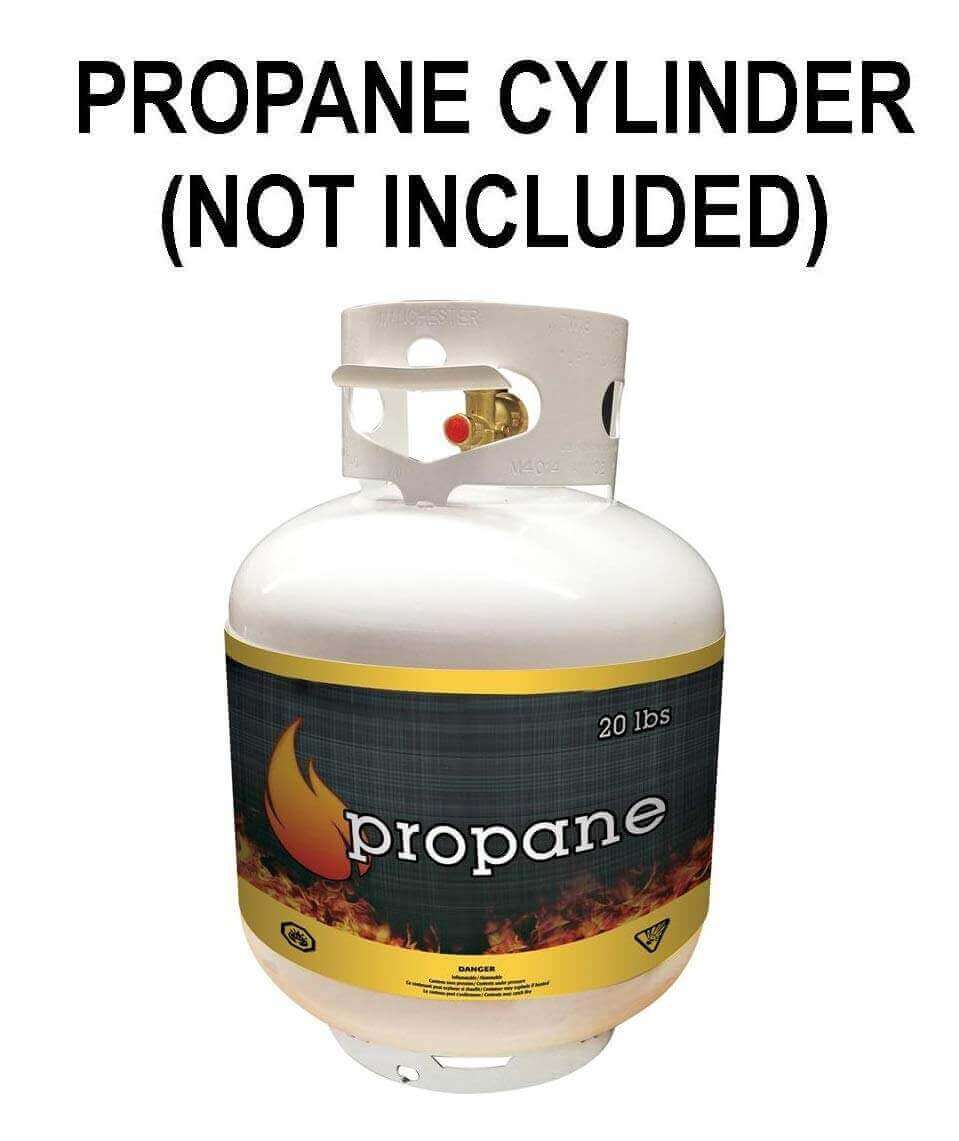 Empty 20 lb propane cylinder with label, "Propane Cylinder (Not Included)" for Cabin Depot Martin Infrared Heater