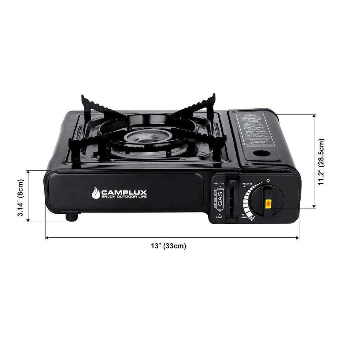 Camplux Duel Fuel Portable Outdoor Camping Gas Stove, single burner, with dimensions. Available at Cabin Depot.