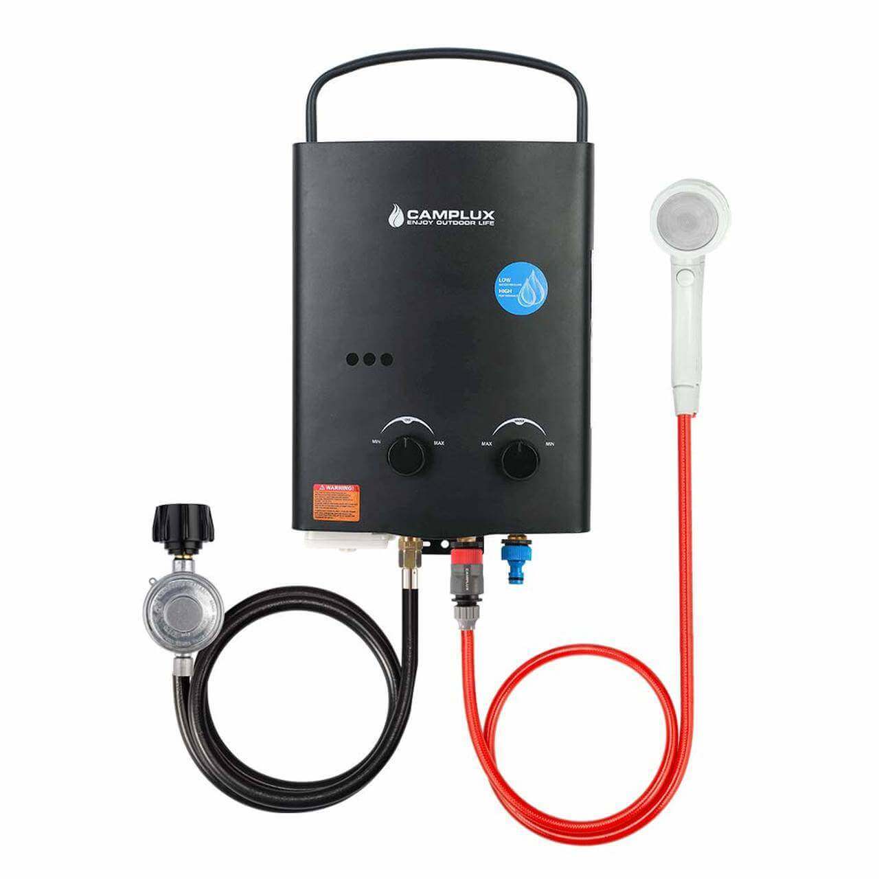 Camplux 5L Propane Portable Tankless Water Heater for outdoor use, perfect for cabins and campsites. Available at Cabin Depot.