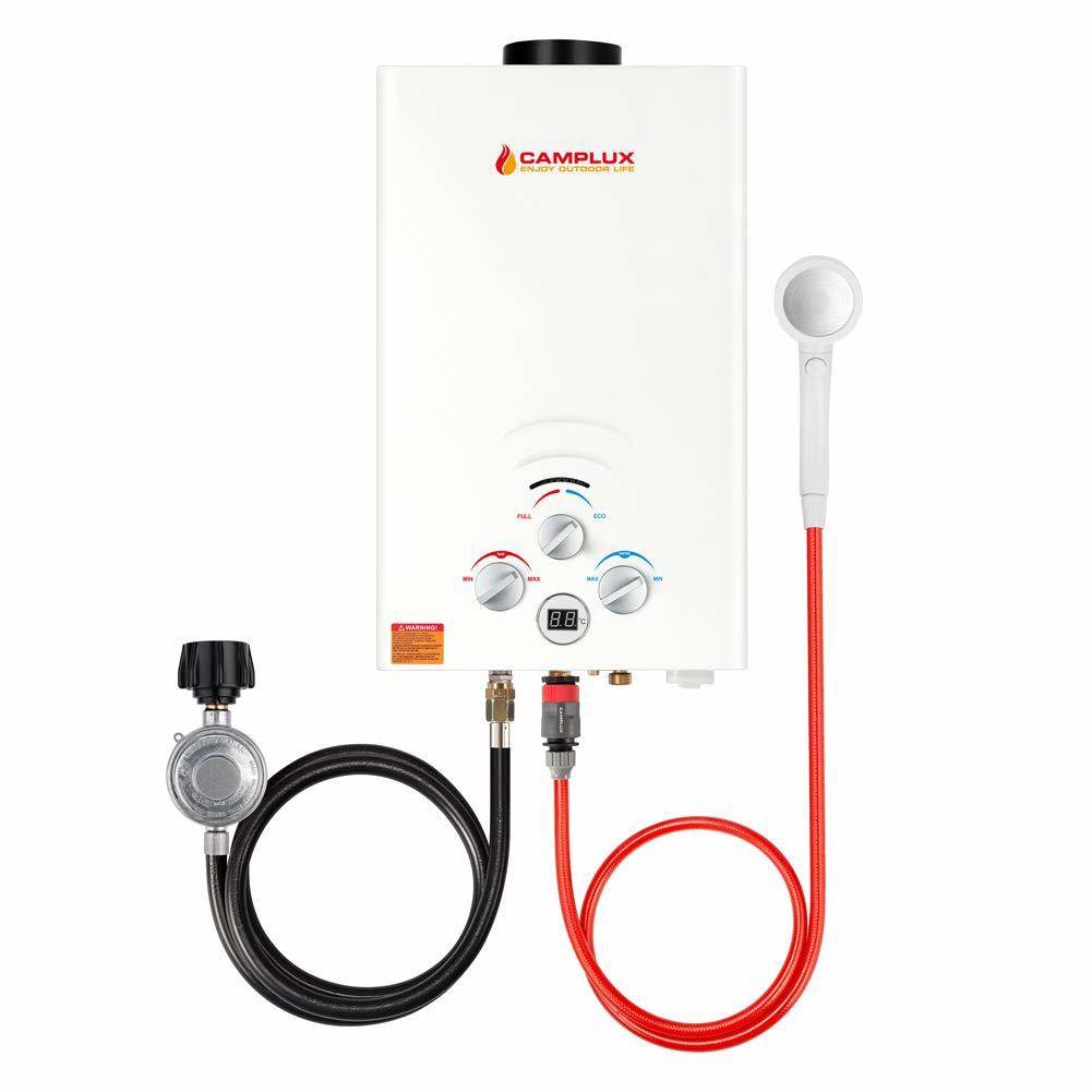 Camplux 8L Propane Outdoor Tankless Water Heater, perfect for Cabin Depot, offering portable hot water for showers and outdoor activities.