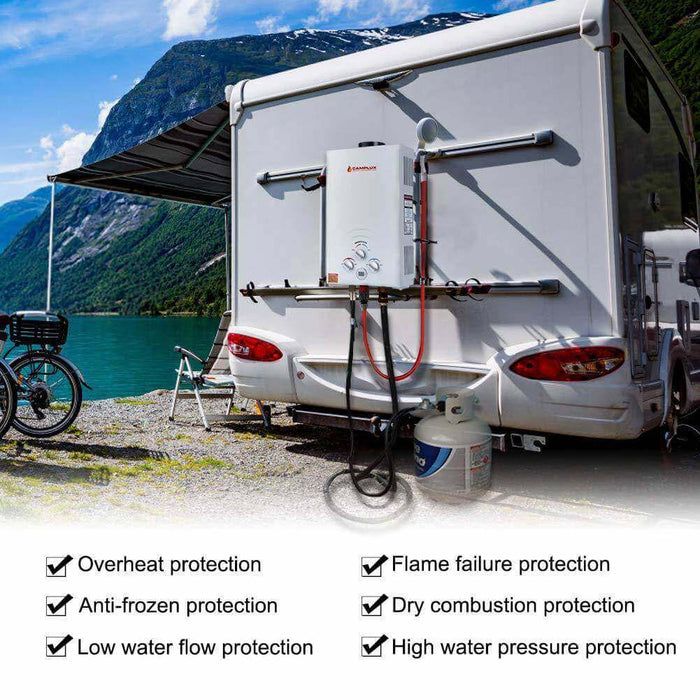 Camplux 8L Propane Outdoor Tankless Water Heater mounted on RV, ideal for campsites and cabins, featuring multiple safety protections.