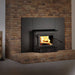 Century CW2900 wood stove with faceplate in brick hearth, featuring a large firebox and Cabin Depot quality.