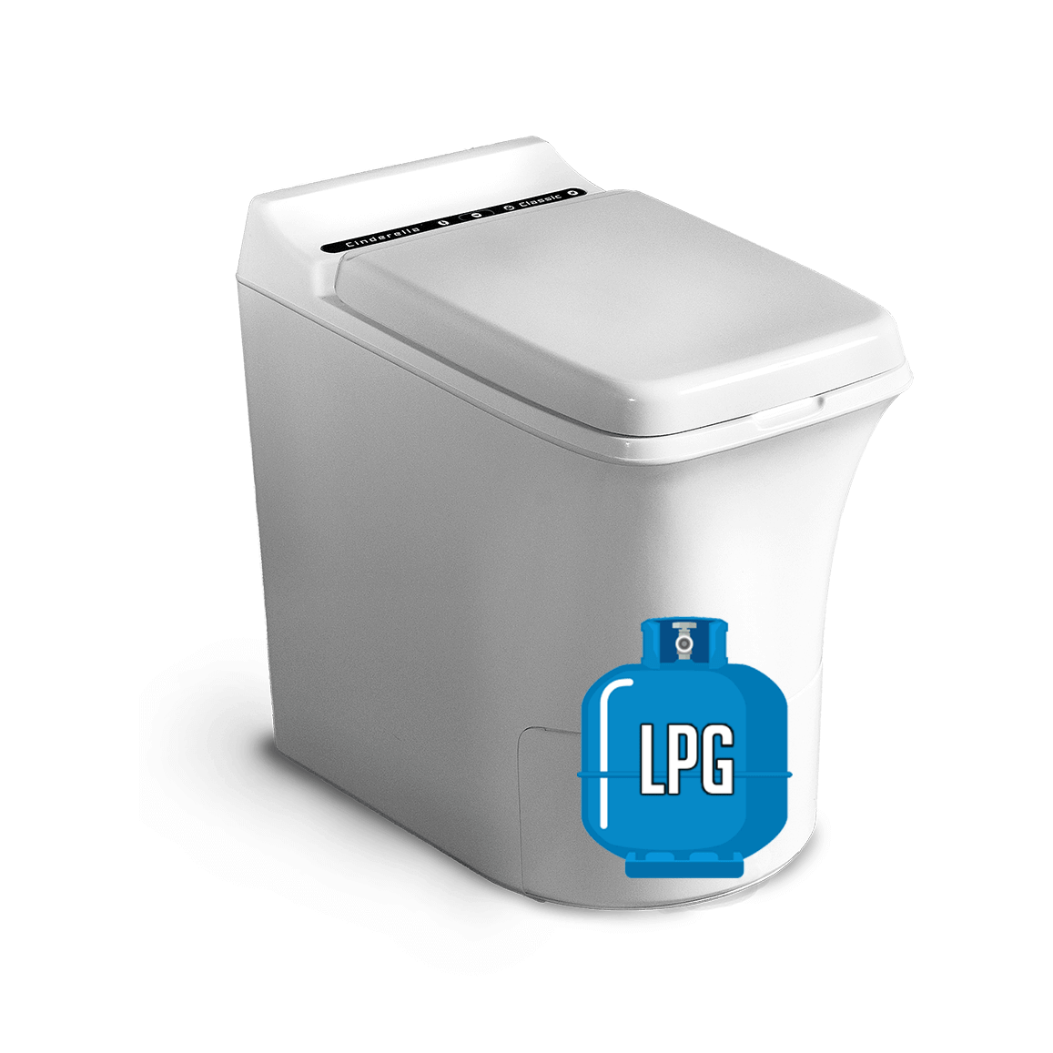 Cinderella Freedom Incineration Toilet for eco-friendly cabins, available at The Cabin Depot. Uses propane gas, UL and NSF certified.