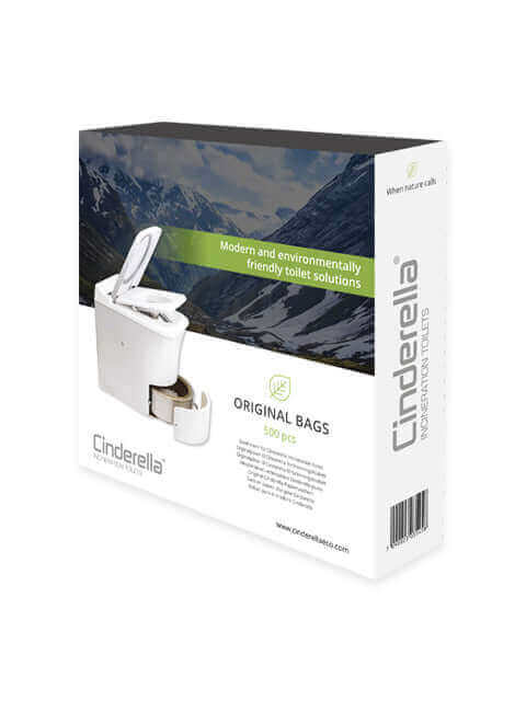 Cinderella incinerating toilet kit with original bags for eco-friendly waste solutions from Cabin Depot.