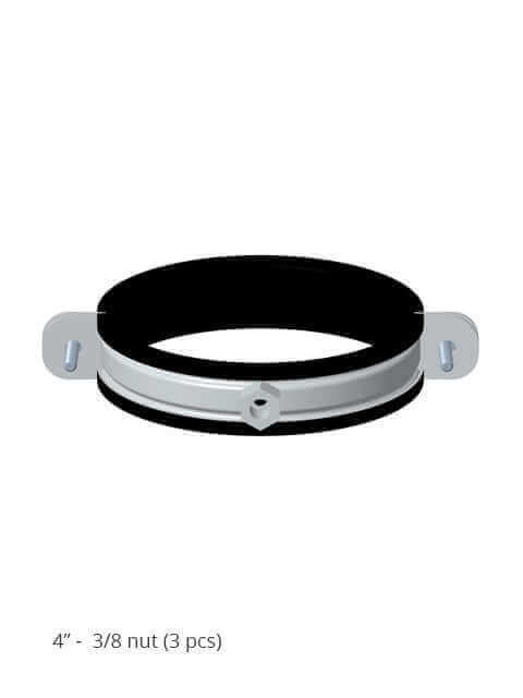 Support clamp for Cinderella® flue pipe, part of the wall mount kit available at Cabin Depot, designed for secure pipe installation.