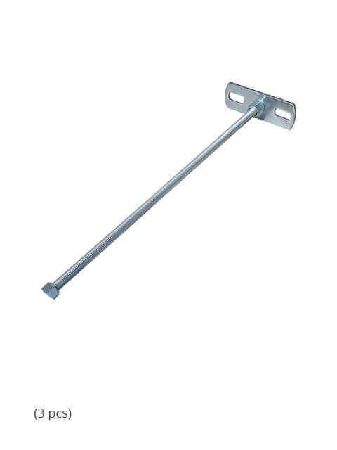 Cinderella Wall Mount Rod for Flue Pipe, part of Kit from Cabin Depot, metal construction, includes mounting base, shown in 3 pieces.