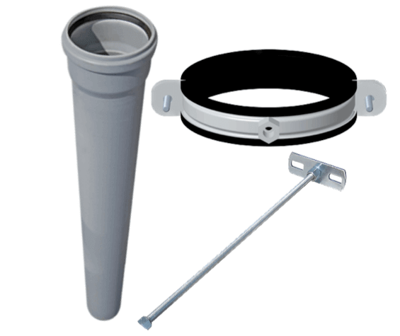 Cinderella Flue Pipe with Wall Mount Kit from Cabin Depot, features a 36-inch pipe, support clamp, rod, and plate for efficient installation.