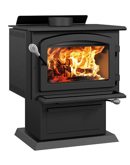 Drolet Blackcomb II Wood Stove heating flames, eco-friendly, 65,000 BTU, Cabin Depot, ideal for 1,800 ft² spaces, free shipping