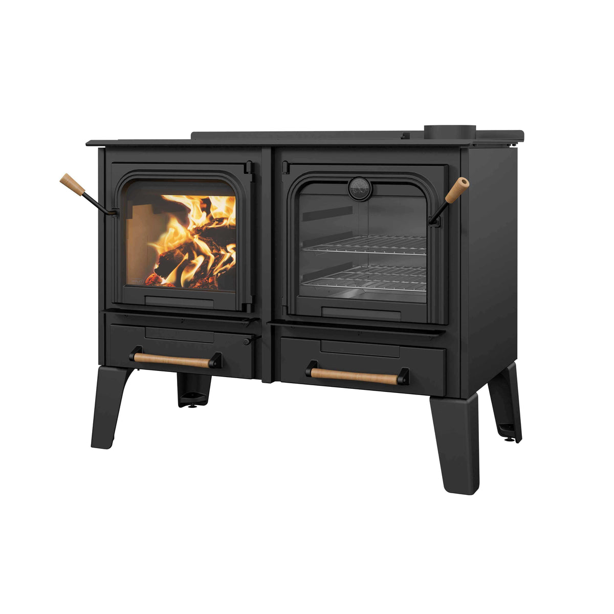 Drolet Chic-Choc Cook Stove at Cabin Depot, featuring a stainless steel oven and wide cooking surface for hearty family meals.