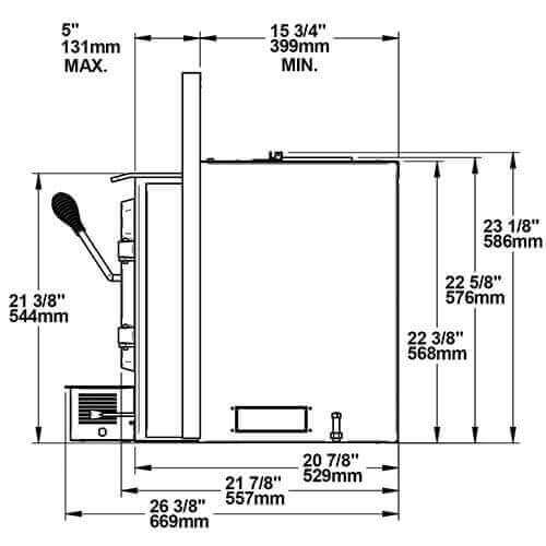 Technical dimensions of Drolet Escape 1800-I Wood Insert, ideal for up to 2,100 ft² heating. Available at Cabin Depot. Pre-order 2025.