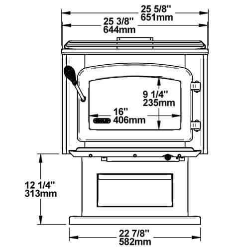 Drolet Escape 1800 wood stove dimensions from Cabin Depot; heavy-duty steel; fits 20'' logs; EPA certified; made in Canada