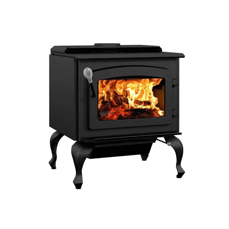 Drolet Escape 1800 Wood Stove with legs, heavy-duty steel top, EPA certified, available at Cabin Depot. Free shipping included.