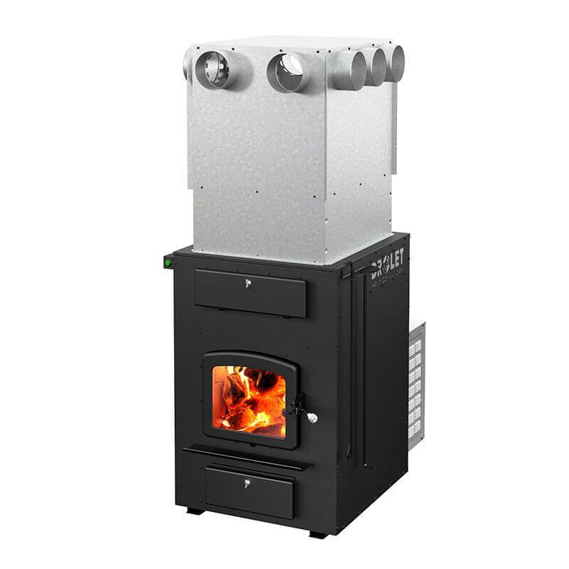 Drolet Heat Commander Wood Furnace for sale at Cabin Depot, EPA certified, with free shipping option. Central heating system with innovative design.