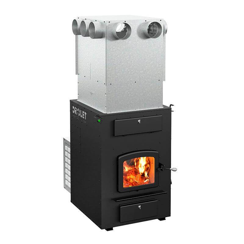 Drolet Heat Commander Wood Furnace available at Cabin Depot, featuring EPA certified efficiency and innovative central heating design.