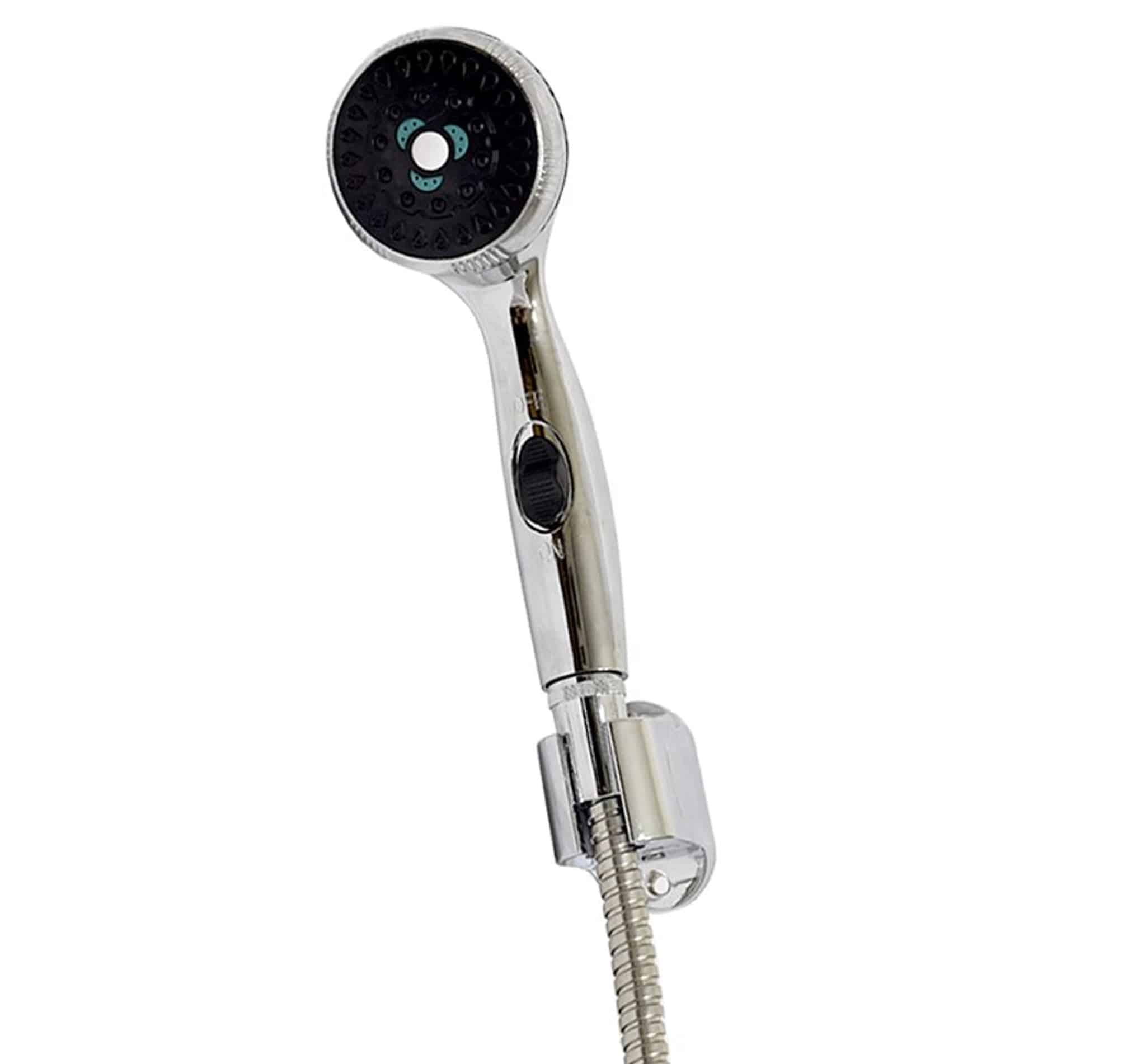 Eccotemp Chrome Shower Head with Stainless Steel Hose from Cabin Depot, featuring multi-spray functions for an optimal shower experience.