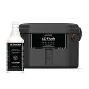 Eccotemp EZ-Flush System Descaler Kit for tankless water heaters at Cabin Depot, shown with descaler bottle and compact storage case.