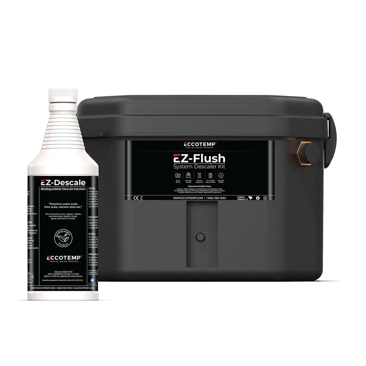 Eccotemp EZ-Flush System Descaler Kit for tankless water heaters at Cabin Depot, shown with descaler bottle and compact storage case.