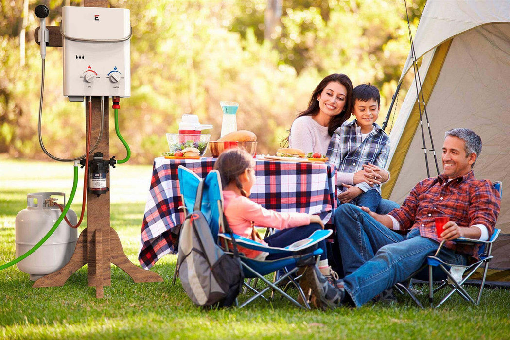 Family camping with Eccotemp L5 Tankless Water Heater from Cabin Depot, enjoying endless hot water outdoors.