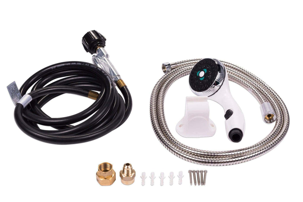 Eccotemp L5 Tankless Water Heater accessories with Seaflo Pump, hose, and showerhead - Cabin Depot