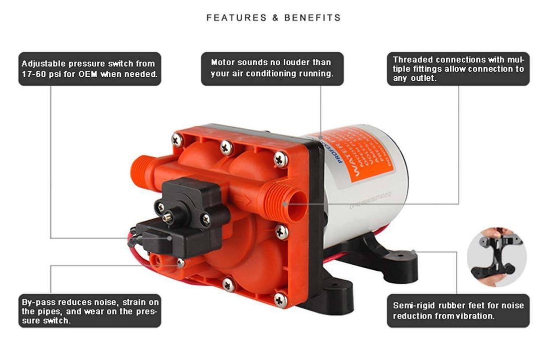 Seaflo Pump with strainer highlights featuring adjustable pressure switch and noise reduction, ideal for Eccotemp L5 heater at Cabin Depot.