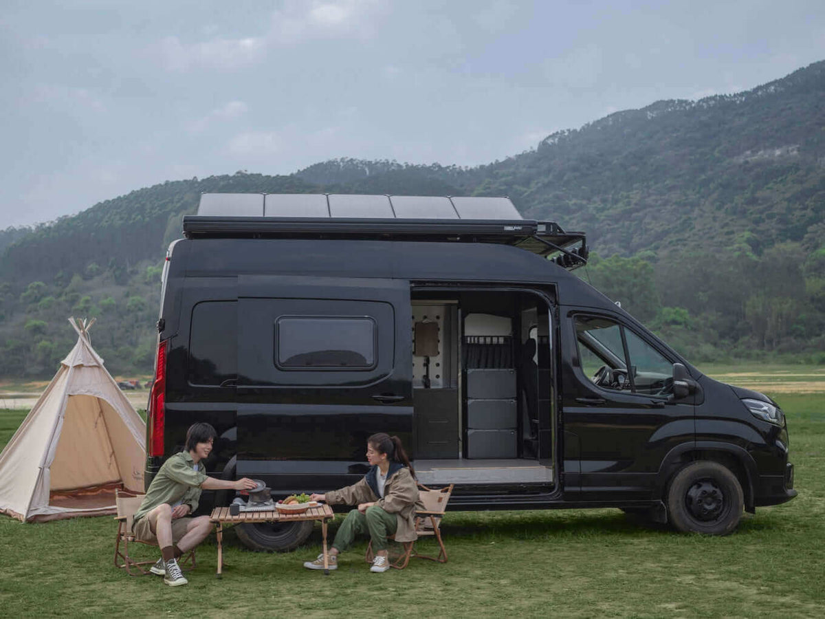 Campervan equipped with EcoFlow Power Kit from Cabin Depot, ideal for RVs and off-grid homes, parked in scenic outdoor location.