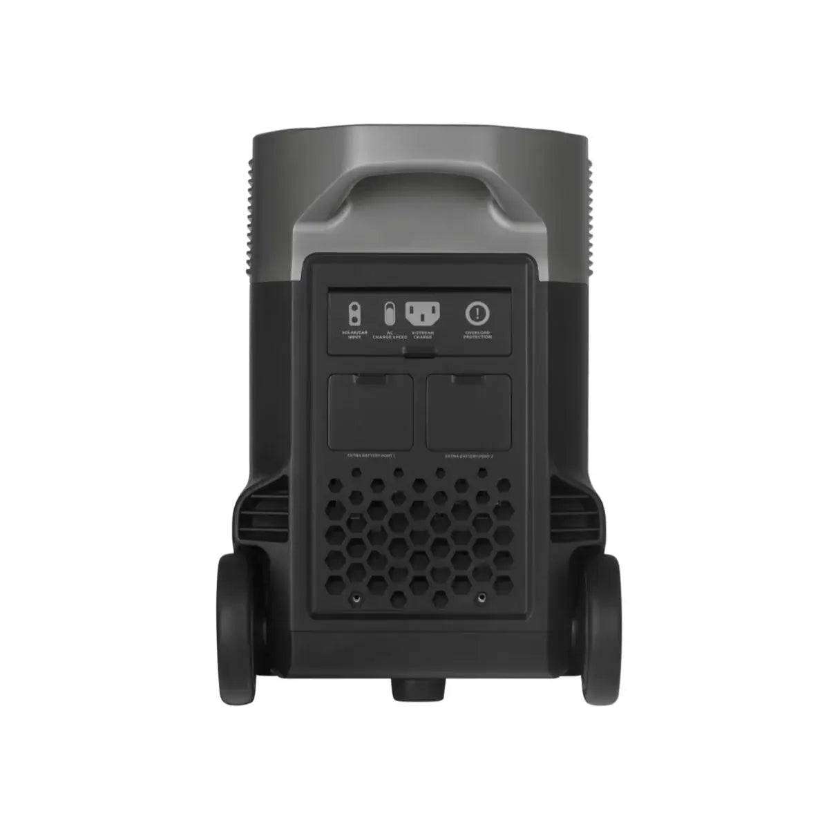 EcoFlow DELTA Pro Portable Power Station rear view, available at Cabin Depot. Expandable 3.6kWh capacity, ideal for home backup.