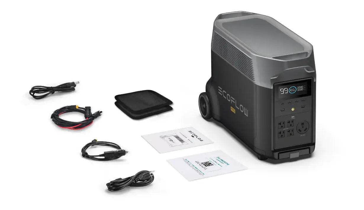 EcoFlow DELTA Pro Portable Power Station with cables and accessories from Cabin Depot for home backup power solutions.