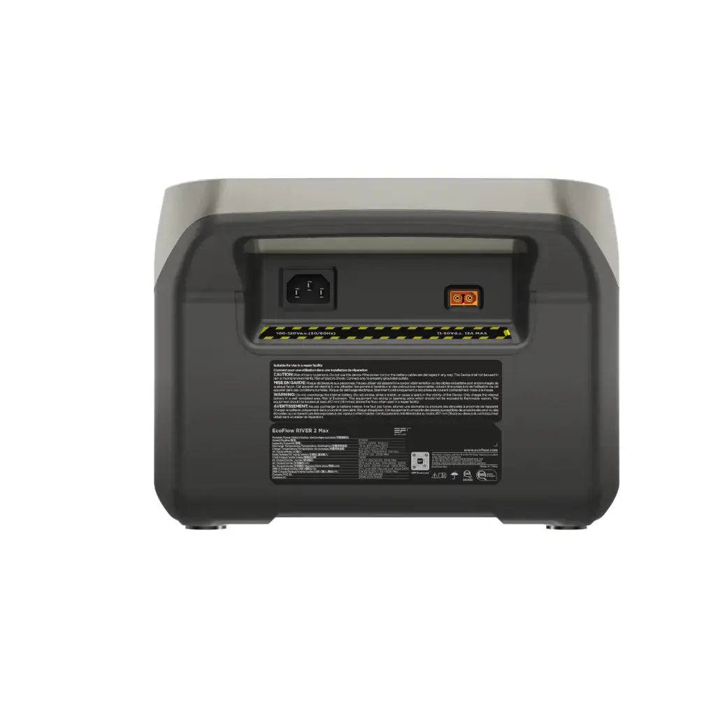 Back view of EcoFlow RIVER 2 Max Portable Power Station available at Cabin Depot, featuring modular design and fast charging technology.