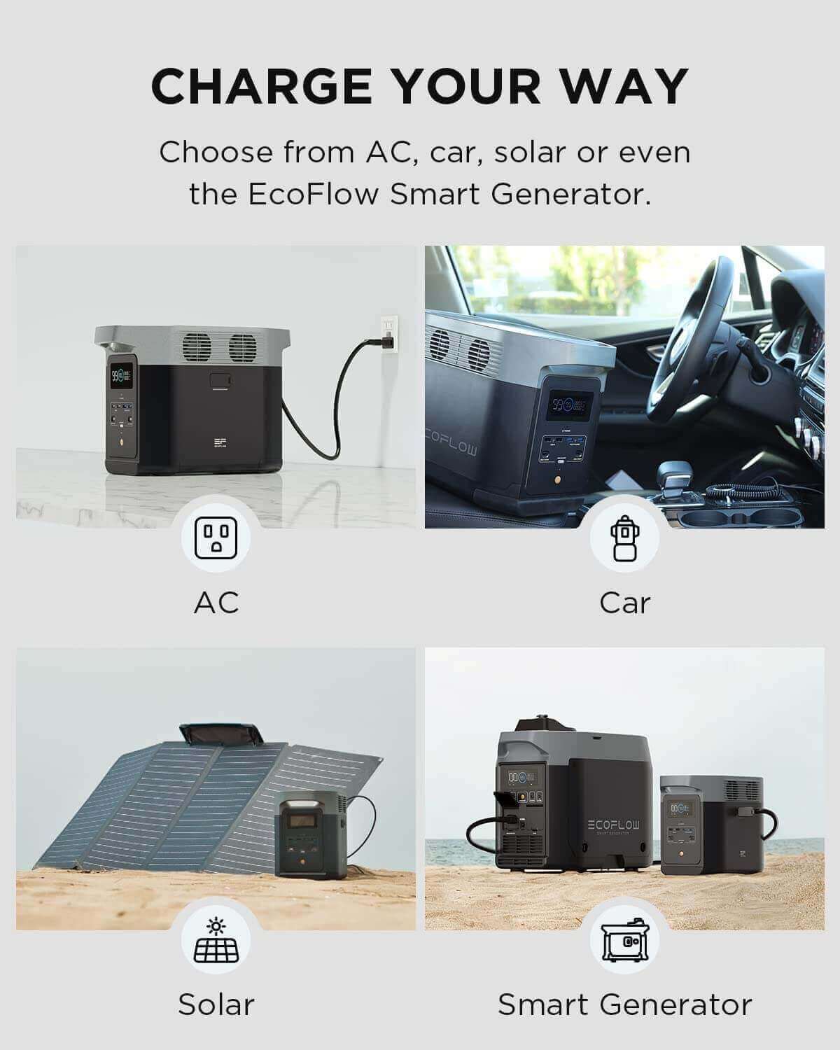 EcoFlow DELTA 2 power station options: AC, car, solar, smart generator at Cabin Depot. Portable, versatile energy solutions.
