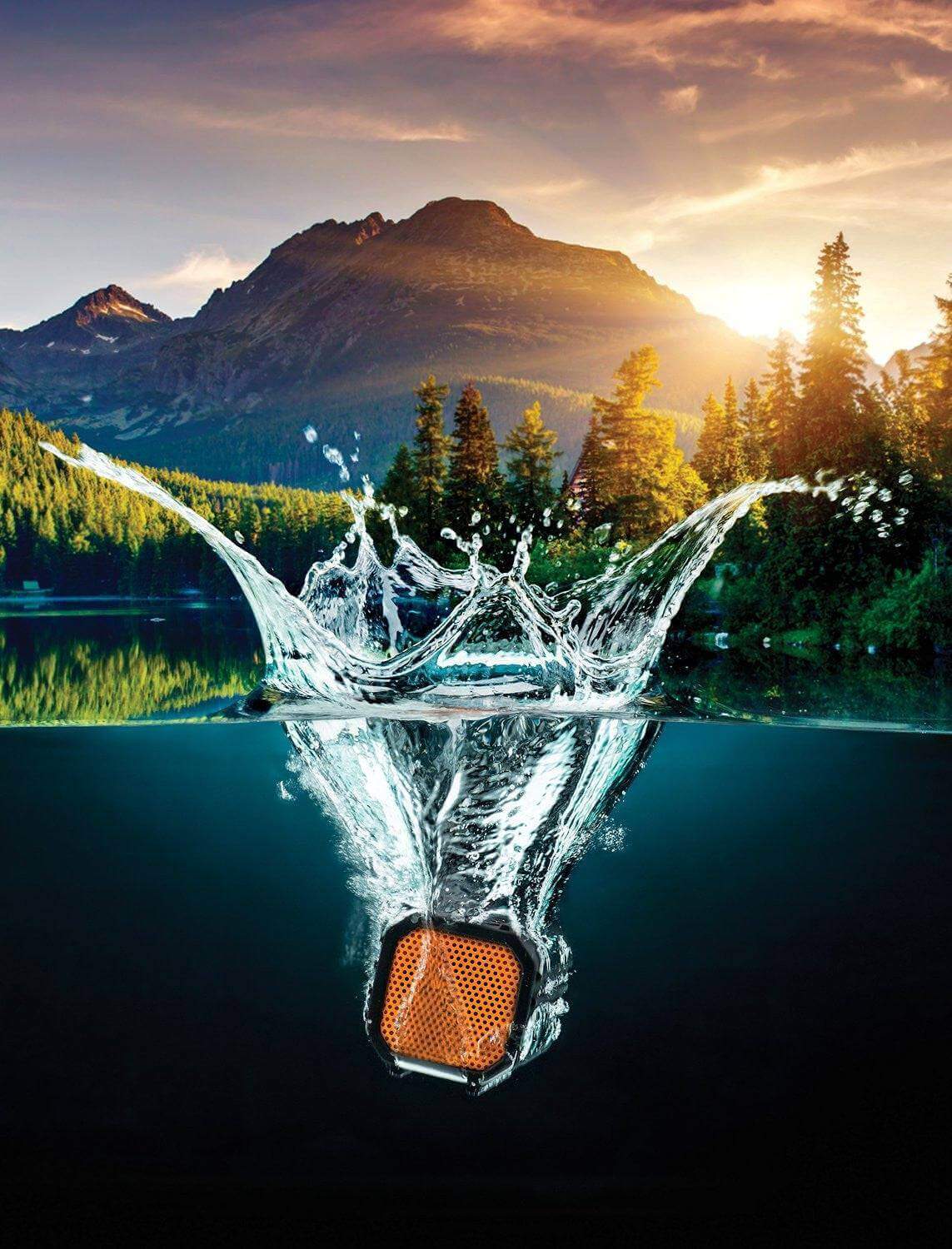 ECOXGEAR ECOPEBBLE orange waterproof Bluetooth speaker splashing in a lake, available at Cabin Depot.