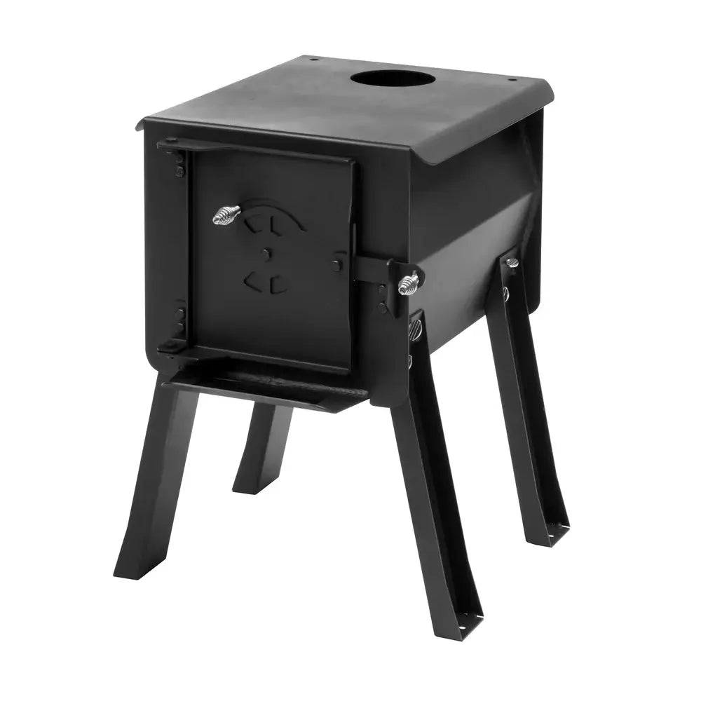 Englander Cub Kit Wood Stove for camping cabins, includes pipe collar and shelves, available at Cabin Depot, crafted in heavy-duty steel.