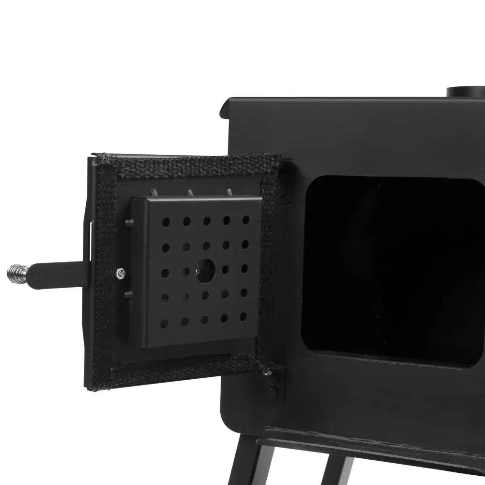 Englander Cub Kit Wood Stove open door view, heavy-duty 12-gauge steel construction, available at Cabin Depot.