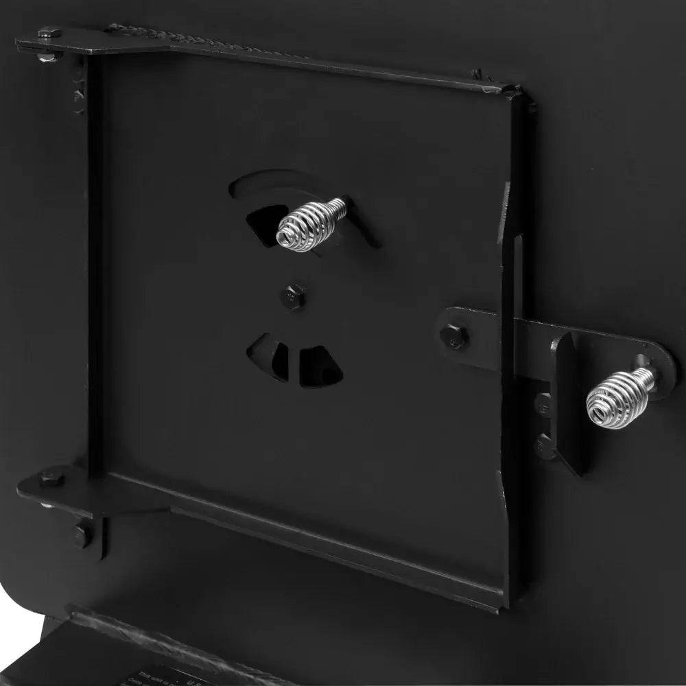 Englander Cub Kit Wood Stove close-up detail of door latch and vent, available at Cabin Depot.