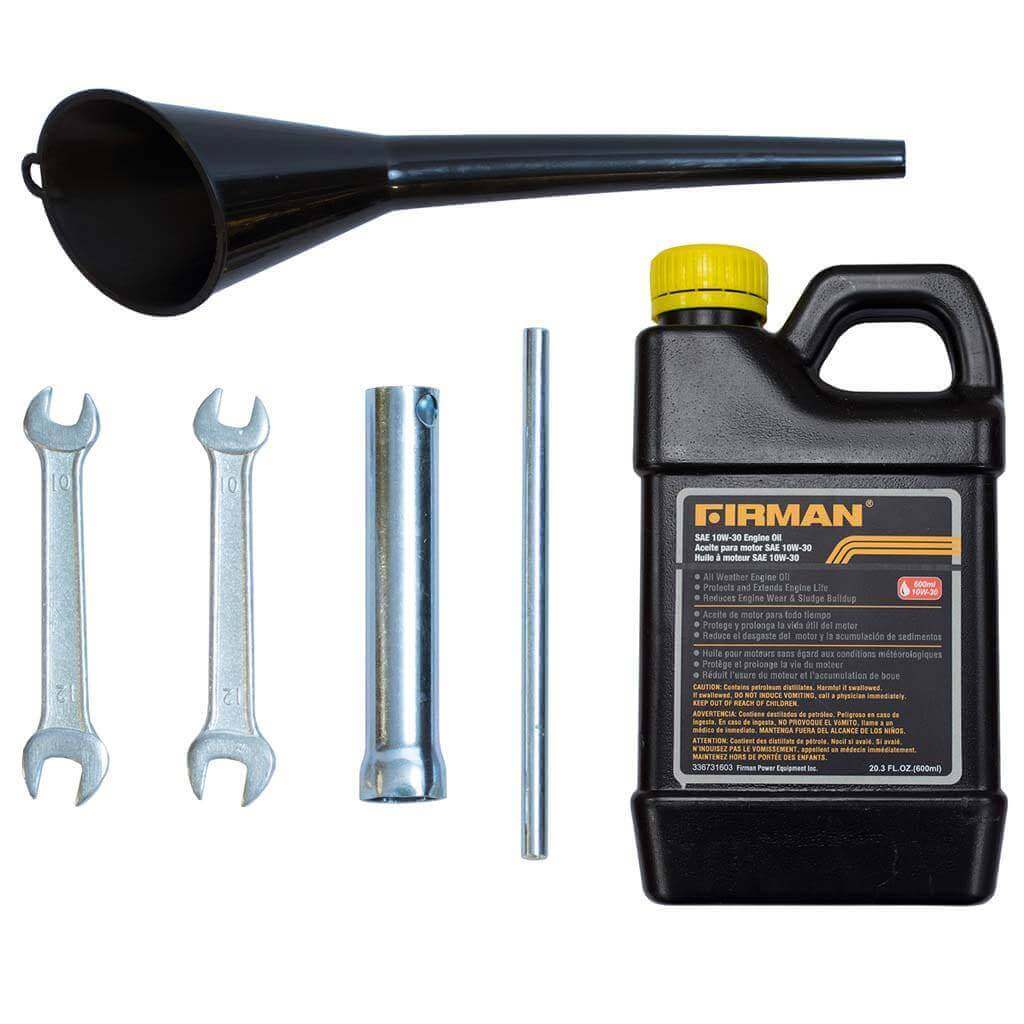 Firman generator maintenance kit with oil, tools, and funnel, perfect for the Cabin Depot P01202 generator model