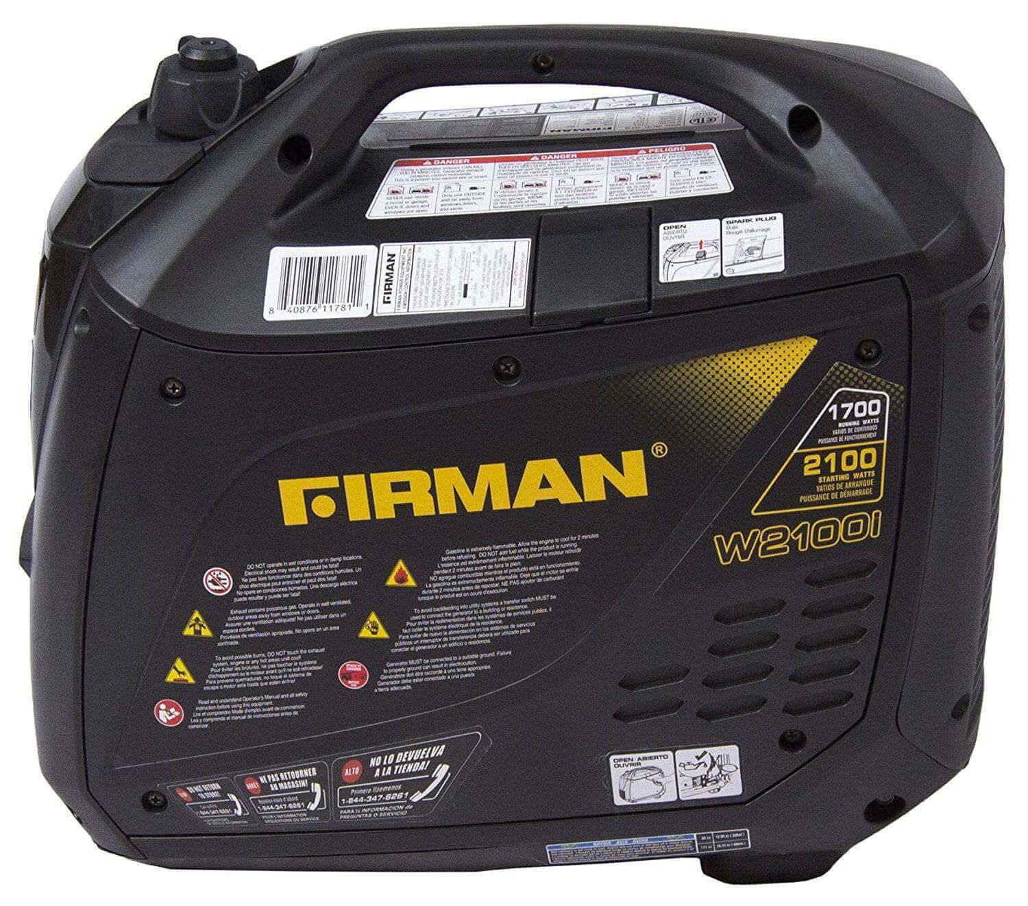 Firman W01781 Whisper Series Gas Portable Generator, 2100W/1700W, sold by Cabin Depot, highlighted features on side view